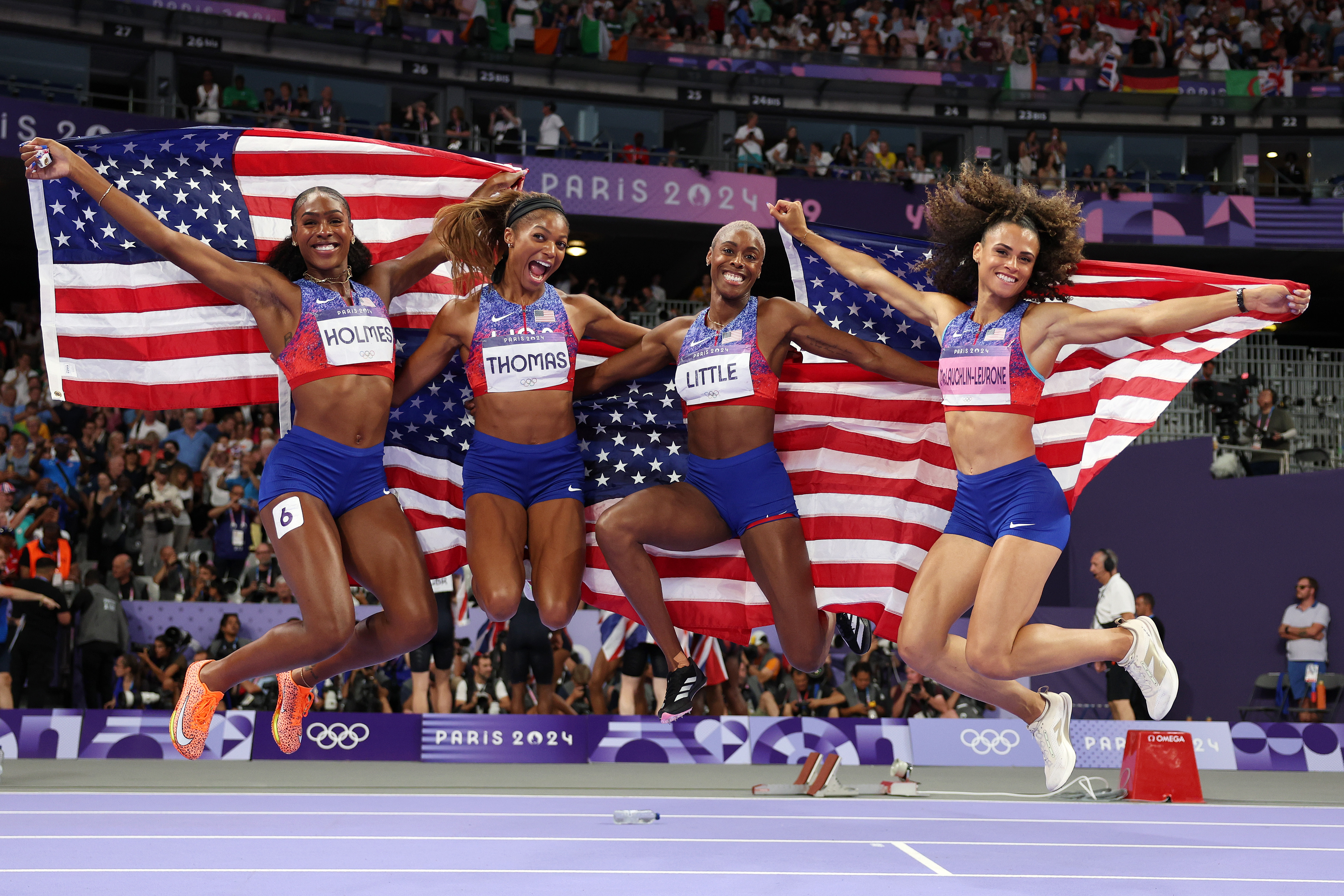 Sydney McLaughlin-Levrone, pictured right, was part of the gold medal winning women's 4x400m relay team at the Paris Olympics.