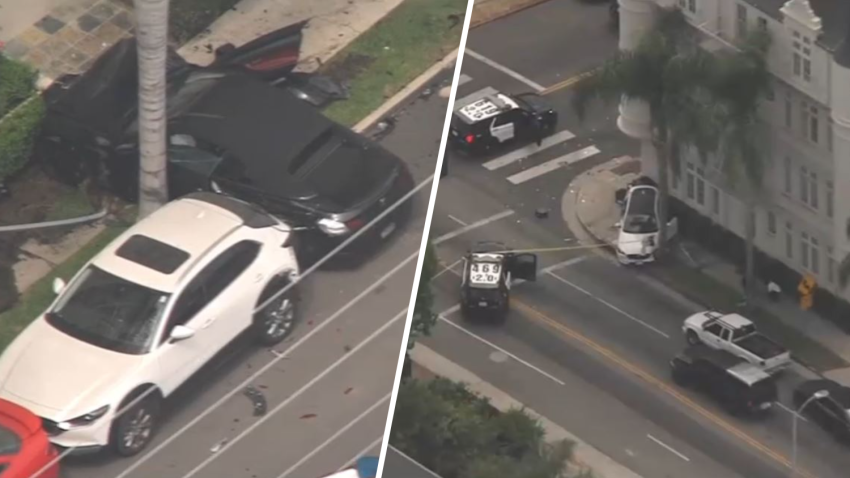 A BMW collided with a Mazda at the end of a chase Thursday Aug. 1, 2024 in Koreatown.