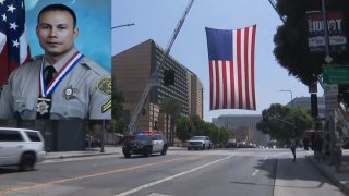 LA County Sheriff's Deputy Gonzalo Galvez (inset) was honored Aug. 30, 2024 at a downtown Los Angeles memorial service.