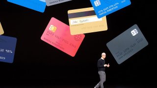 Apple CEO Tim Cook introduces the Apple Card during a launch event at Apple headquarters in Cupertino, California, on March 25, 2019.