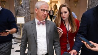 U.S. Rep. Patrick McHenry, R-N.C., speaks to members of the media outside the office of U.S. House Speaker Kevin McCarthy, R-Calif., at the U.S. Capitol in Washington on Oct. 3, 2023.