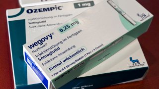 Weight loss syringes of the brands “Wegovy”, “Ozempic” and “Mounjaro” are sold at In der Achat Apotheke in Mitte, Germany.