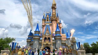 Daytime fireworks launch over Cinderella Castle during a performance of “Mickey’s Magical Friendship Faire” in the Magic Kingdom at Walt Disney World, Bay Lake, Florida, April 30, 2024. (Joe Burbank/Orlando Sentinel/Tribune News Service via Getty Images)