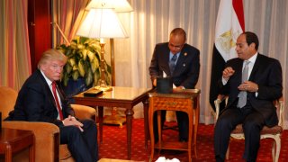 Republican presidential candidate Donald Trump (L) meets with Egyptian President Abdel Fattah el-Sisi at the Plaza Hotel on September 19, 2016 in New York.