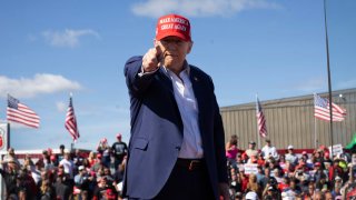 Republican presidential nominee former President Donald Trump departs a campaign event at the Central Wisconsin Airport on September 07, 2024 in Mosinee, Wisconsin.