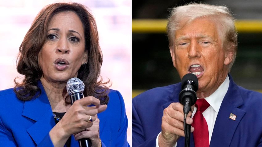 In this combination of photos taken in Pennsylvania, Democratic presidential nominee Vice President Kamala Harris speaks at a campaign event, Aug. 18, 2024, in Rochester, left, and Republican presidential nominee former President Donald Trump speaks during a campaign event, Aug. 19, 2024, in York. 