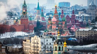 Aerial view of the Moscow Kremlin landmarks: St. Basil’s Cathedral, Kremlin, Spasskaya Tower and Red Square