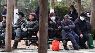 Elderly people are relaxing at a park in Fuyang, China, on January 15, 2024. (Photo by Costfoto/NurPhoto via Getty Images)