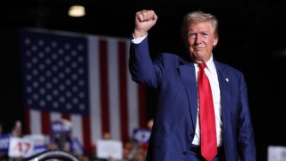 Republican presidential nominee, former U.S. President Donald Trump, greets supporters during a campaign rally at The Expo at World Market Center Las Vegas on September 13, 2024. 