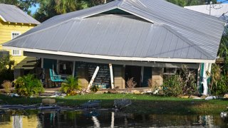 A house destroyed by Hurricane Helene after making landfall is seen in Cedar Key, Florida, on September 27, 2024. 