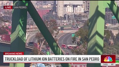 Truckload of lithium ion batteries on fire in San Pedro