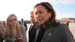 Democratic presidential nominee Vice President Kamala Harris speaks to members of the media upon her arrival at Andrews Air Force Base, Md., Sunday, Sept. 22, 2024.