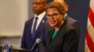 LA Mayor Karen Bass seen at a law enforcement news conference in a file image.