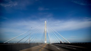 Long Beach, CA – February 17: Motorists travel across the International Gateway Bridge in Long Beach Friday, Feb. 17, 2023.