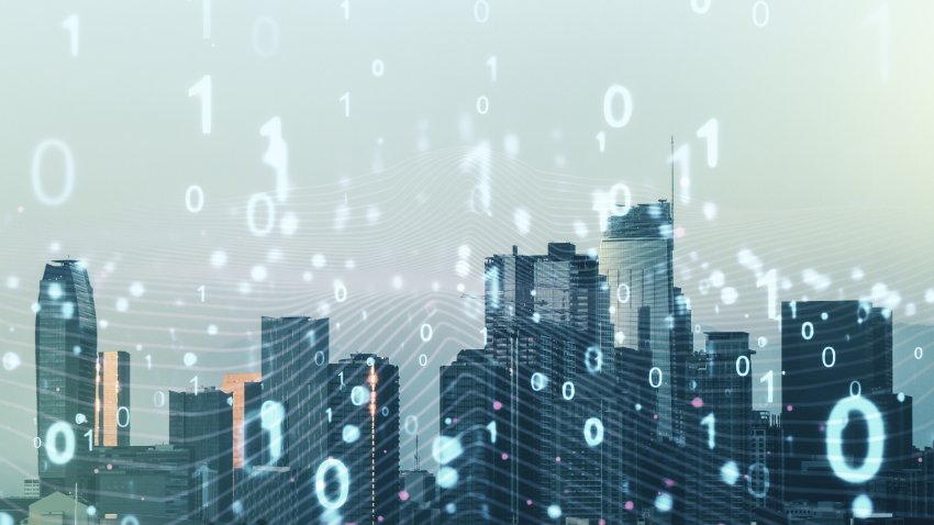 Abstract virtual binary code illustration on Los Angeles skyline background. Big data and coding concept. Multiexposure