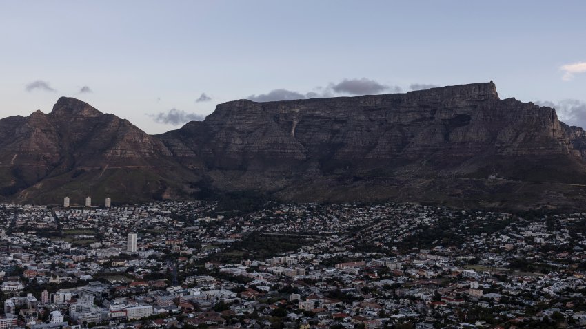 A general view of Devil’s Peak (L) and Table Mountain (R) in Cape Town on April 4, 2024.