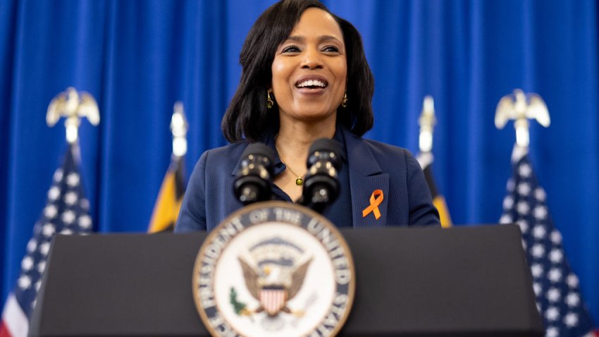 LANDOVER, MARYLAND – JUNE 7: Maryland Democratic candidate for U.S. Senate and Prince George’s County Executive Angela Alsobrooks speaks at a campaign event on Gun Violence Awareness Day at Kentland Community Center on June 7, 2024 in Landover, Maryland. After winning a hard fought Democratic primary, Alsobrooks is challenging Larry Hogan, the popular Republican candidate who has served two terms as Maryland Governor, for U.S. Senate in Maryland. (Photo by Andrew Harnik/Getty Images)