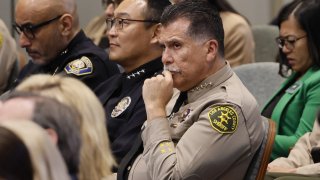 Los Angeles County Sheriff Robert G. Luna, right center, is pictured at the Metro Board meeting at Metro Headquarters in Los Angeles Thursday, June 27, 2024.