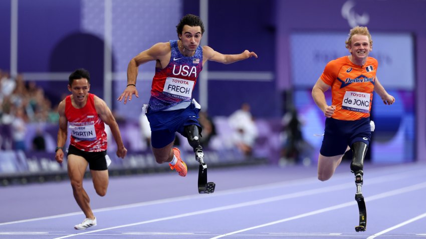 Ezra Frech of Team United States reacts after winning the gold medal after the Men's 100m.