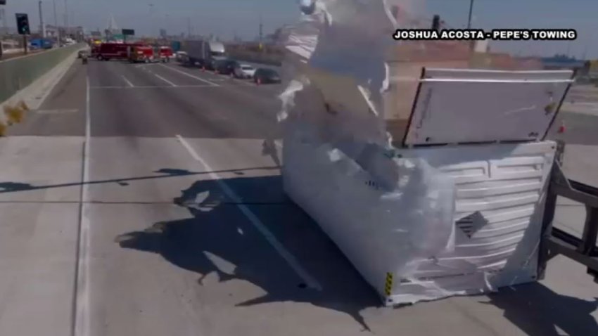 Video shows an explosion after a big rig trailer carrying lithium ion batteries crashed Thursday Sept. 26, 2024 in San Pedro.