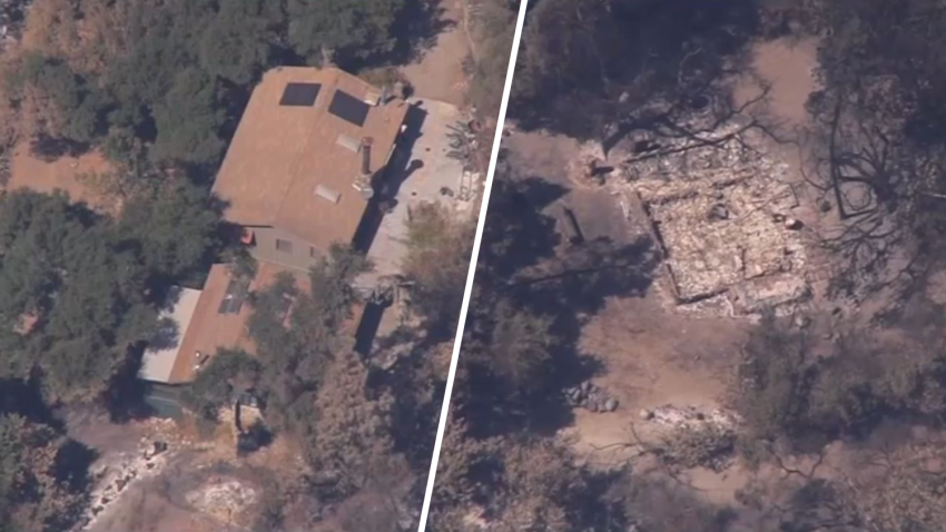 A view of a cabin left standing and another the was destroyed in the September 2024 Airport Fire in Holy Jim Canyon.