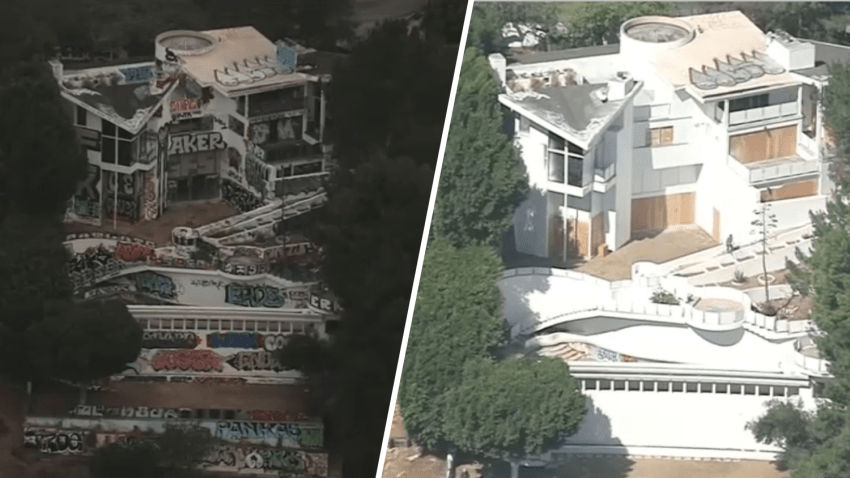 A view of a vandalized Hollywood Hills mansion on Mulholland Drive before and after it was cleaned up by city crews.