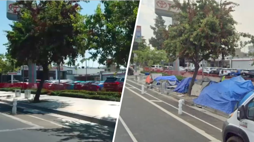 These images show a street of sidewalk in Hollywood after (left) and before a homeless encampment tent cleanup.