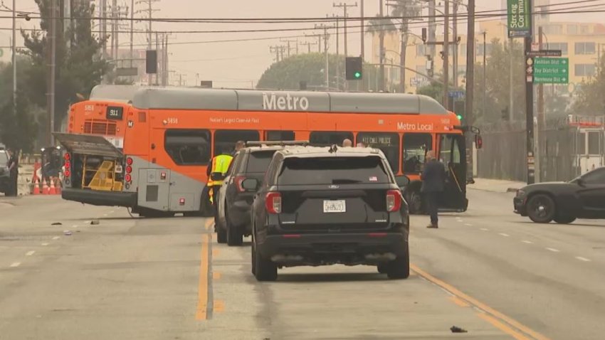 A Metro bus is pictured after a deadly hijacking Sept. 25, 2024 in downtown LA.