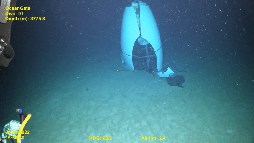 A still from footage taken by a remotely operated vehicle of the Titan submersible’s tail cone on the ocean floor.