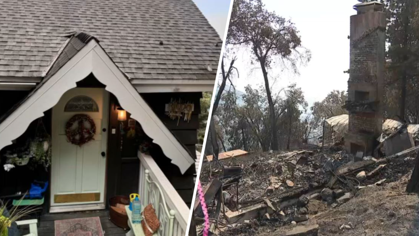 A family's home is pictured before (left) and after the Line Fire in September 2024 in Running Springs.