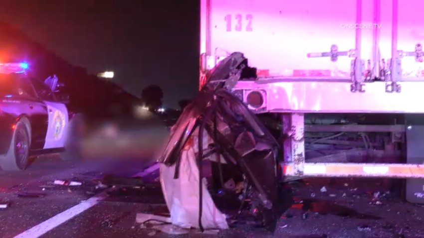 First responders tend to the scene of a deadly multi-vehicle crash in San Bernardino on Saturday, Sept. 14, 2024.