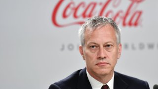 Coca-Cola President and CEO James Quincey attends a press conference with International Olympic Committee (IOC) president and China Mengniu Dairy CEO and Executive Director, as part of the 134th Session of the International Olympic Committee (IOC) at the SwissTech Convention Centre in Lausanne, on June 24, 2019.