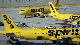 Spirit Airlines jetliners on the tarmac at Fort Lauderdale Hollywood International Airport. (Joe Cavaretta/South Florida Sun Sentinel/Tribune News Service via Getty Images)