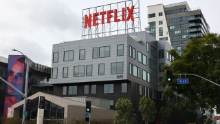 The Netflix logo is displayed above its corporate offices on January 24, 2024 in Los Angeles, California. 