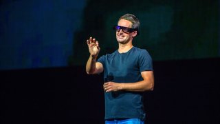 The head of Snapchat operator Snap, Evan Spiegel, presents the new generation of Spectacles in Los Angeles on Sept. 17, 2024.