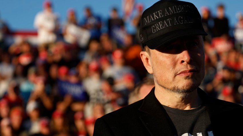 Elon Musk wears a black “Make America Great Again” cap while attending a campaign rally with Republican presidential nominee and former President Donald Trump at the Butler Farm Show fairgrounds in Butler, Pennsylvania, on Oct. 5, 2024.