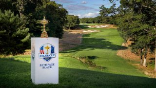 The Ryder Cup trophy is seen at the Bethpage Black Course