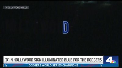 Hollywood sign D lit up in blue for Dodgers