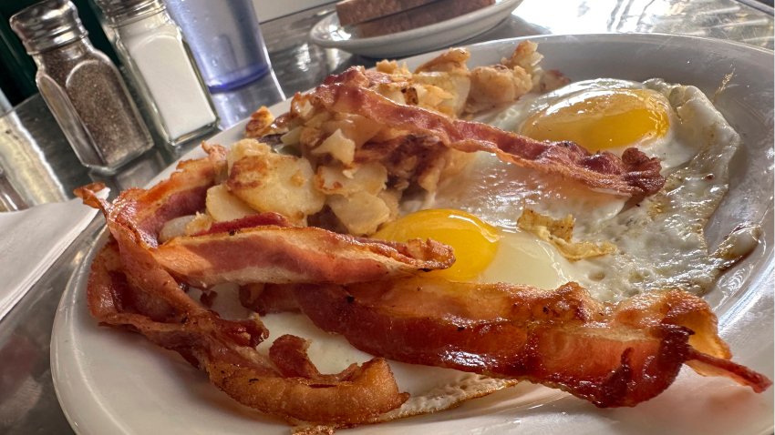 A plate with bacon and eggs is shown in New York, Monday, Oct. 7. 2024.