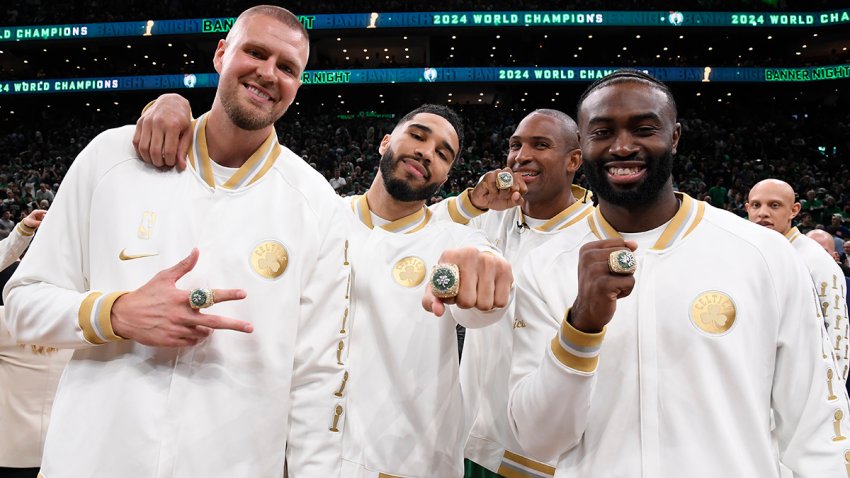 Celtics players with their 2024 championship rings