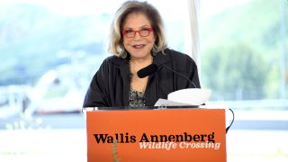 AGOURA HILLS, CALIFORNIA – APRIL 22: Chairman, President & CEO, Annenberg Foundation Wallis Annenberg speaks at the Wallis Annenberg Wildlife Crossing Groundbreaking Celebration on April 22, 2022 in Agoura Hills, California. (Photo by Jon Kopaloff/Getty Images for The National Wildlife Foundation)