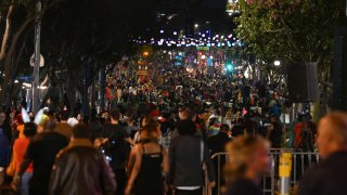 Revelers attend the West Hollywood Halloween Carnaval, in West Hollywood, California, on October 31, 2023. The Halloween festival is making a return after a three-year absence due to the coronavirus pandemic. (Photo by Robyn Beck / AFP) (Photo by ROBYN BECK/AFP via Getty Images)