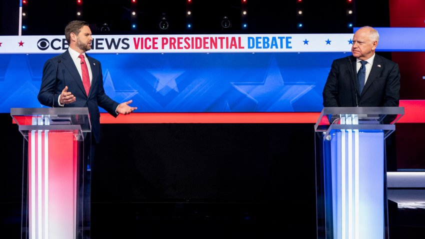 Senator JD Vance, a Republican from Ohio and Republican vice-presidential nominee, left, and Tim Walz, governor of Minnesota and Democratic vice-presidential nominee, during the first vice presidential debate at the CBS Broadcast Center in New York, US, on Tuesday, Oct. 1, 2024. Historically, debates between the running mates of the major party nominees for president have a negligible effect on the contest for the White House, but with the race between Republican Donald Trump and Democrat Kamala Harris being so close, any boost for either ticket could make all the difference. Photographer: Al Drago/Bloomberg via Getty Images