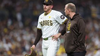 SAN DIEGO, CALIFORNIA – OCTOBER 02: Joe Musgrove #44 of the San Diego Padres leaves the game against the Atlanta Braves during the fourth inning in Game Two of the Wild Card Series at Petco Park on October 02, 2024 in San Diego, California.  (Photo by Sean M. Haffey/Getty Images)