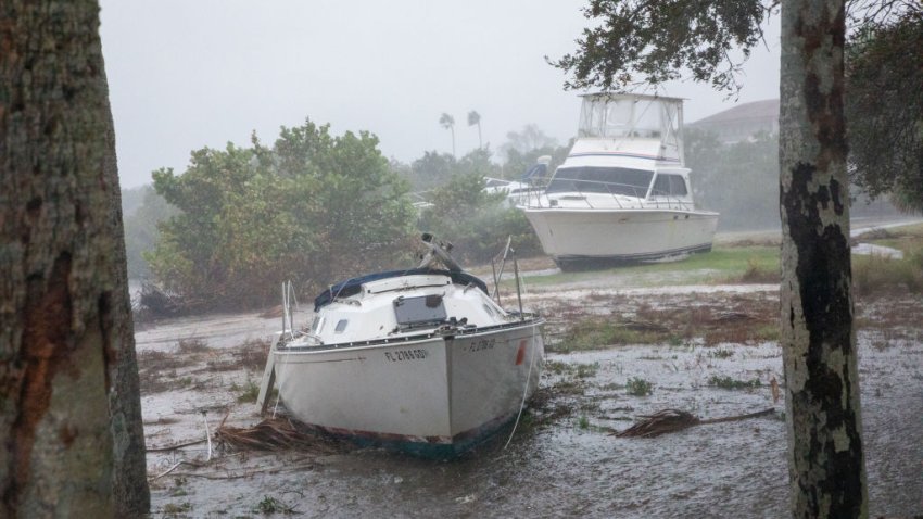 Beached boats during Hurricane Milton in St. Petersburg, Florida, US, on Wednesday, Oct. 9, 2024.