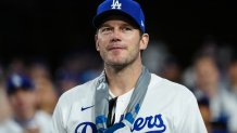 LOS ANGELES, CA - OCTOBER 25: Chris Pratt looks on during Game 1 of the 2024 World Series presented by Capital One between the New York Yankees and the Los Angeles Dodgers at Dodger Stadium on Friday, October 25, 2024 in Los Angeles, California . (Photo by Daniel Shirey/MLB Photos via Getty Images)