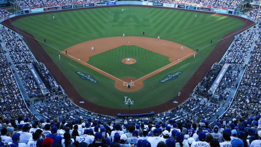 LOS ANGELES, CALIFORNIA – OCTOBER 25: A general view of the stadium as fans look on during Game One of the 2024 World Series between the Los Angeles Dodgers and the New York Yankees at Dodger Stadium on October 25, 2024 in Los Angeles, California.