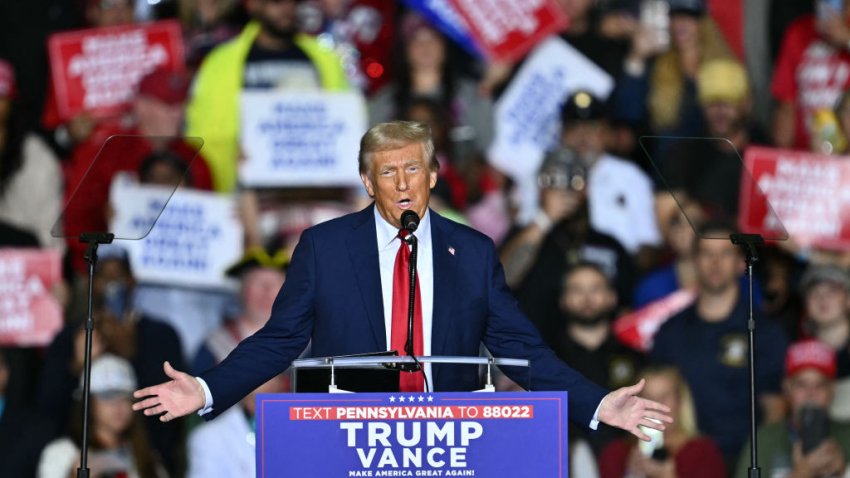 Former US President and Republican presidential candidate Donald Trump speaks at a campaign rally at the PPL Center in Allentown, Pennsylvania, on October 29, 2024.