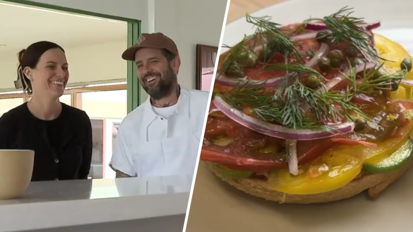 Left: Lauren Pretty and Philip Pretty speak with NBC4. Right: A dish served at their Long Beach restaurant, Olive & Rose.