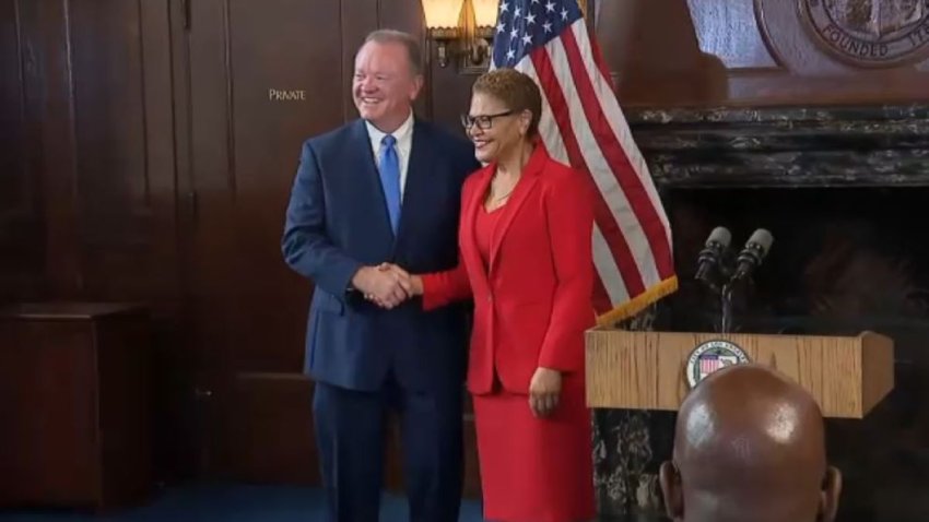 LAPD Chief Jim McDonnell is pictured Friday Oct. 4, 2024 with Mayor Karen Bass.